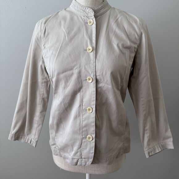 Eileen Fisher Khaki Cotton Utility Blazer Mock Collar Button Down Sz Petite PP - Picture 1 of 8